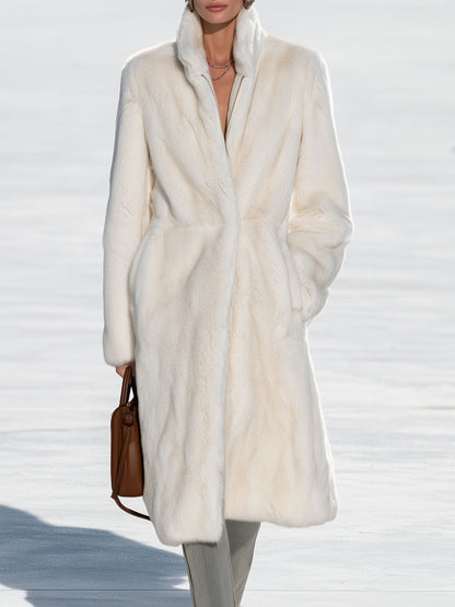 Stylish And Simple Zippered Off-white Faux Fur Mid-length Coat