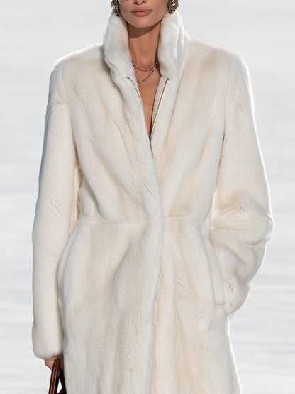 Stylish And Simple Zippered Off-white Faux Fur Mid-length Coat