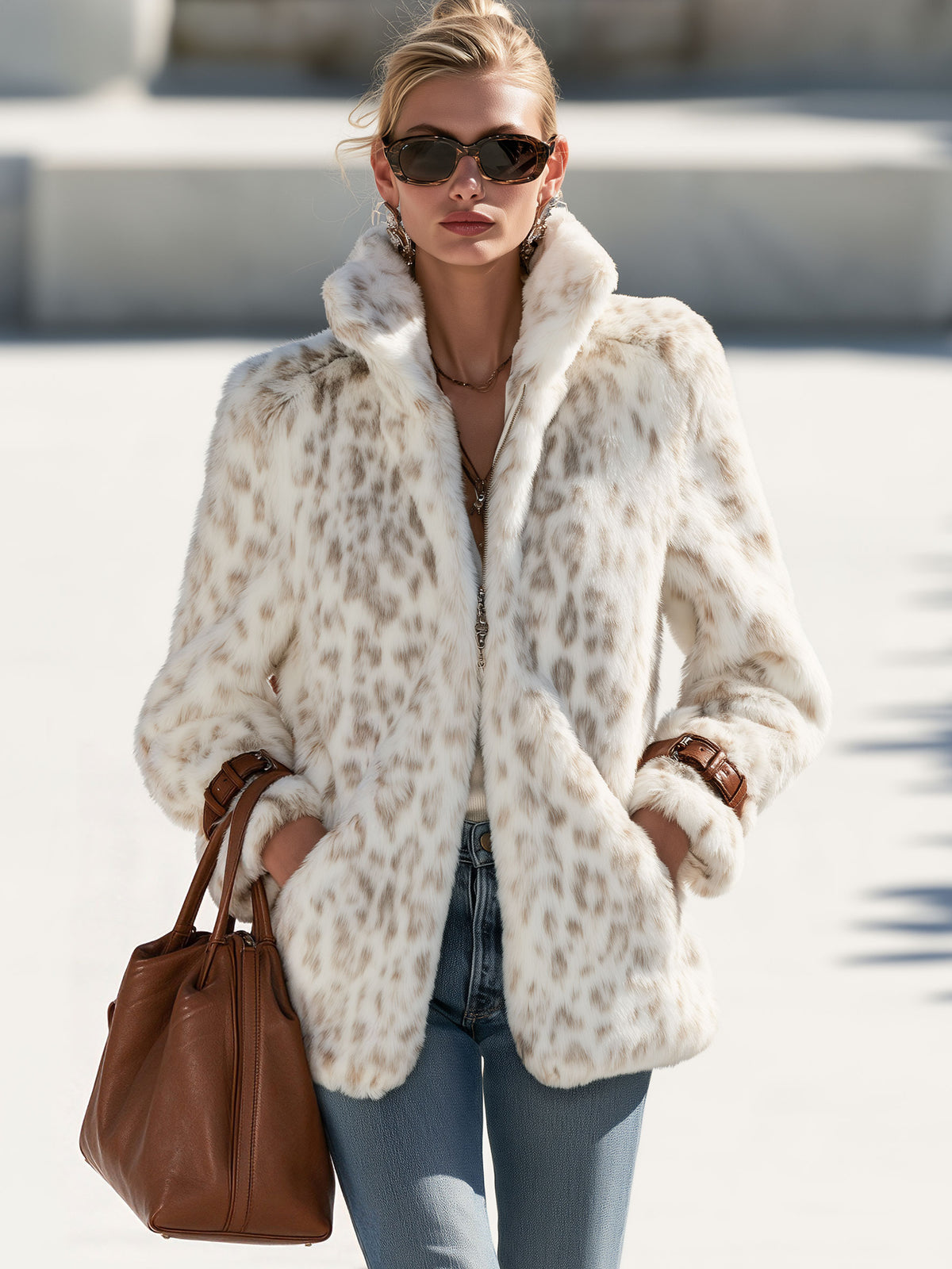 Fashionable Retro Leopard Print Off-white Faux Fur Short Coat With Zippered Sleeves