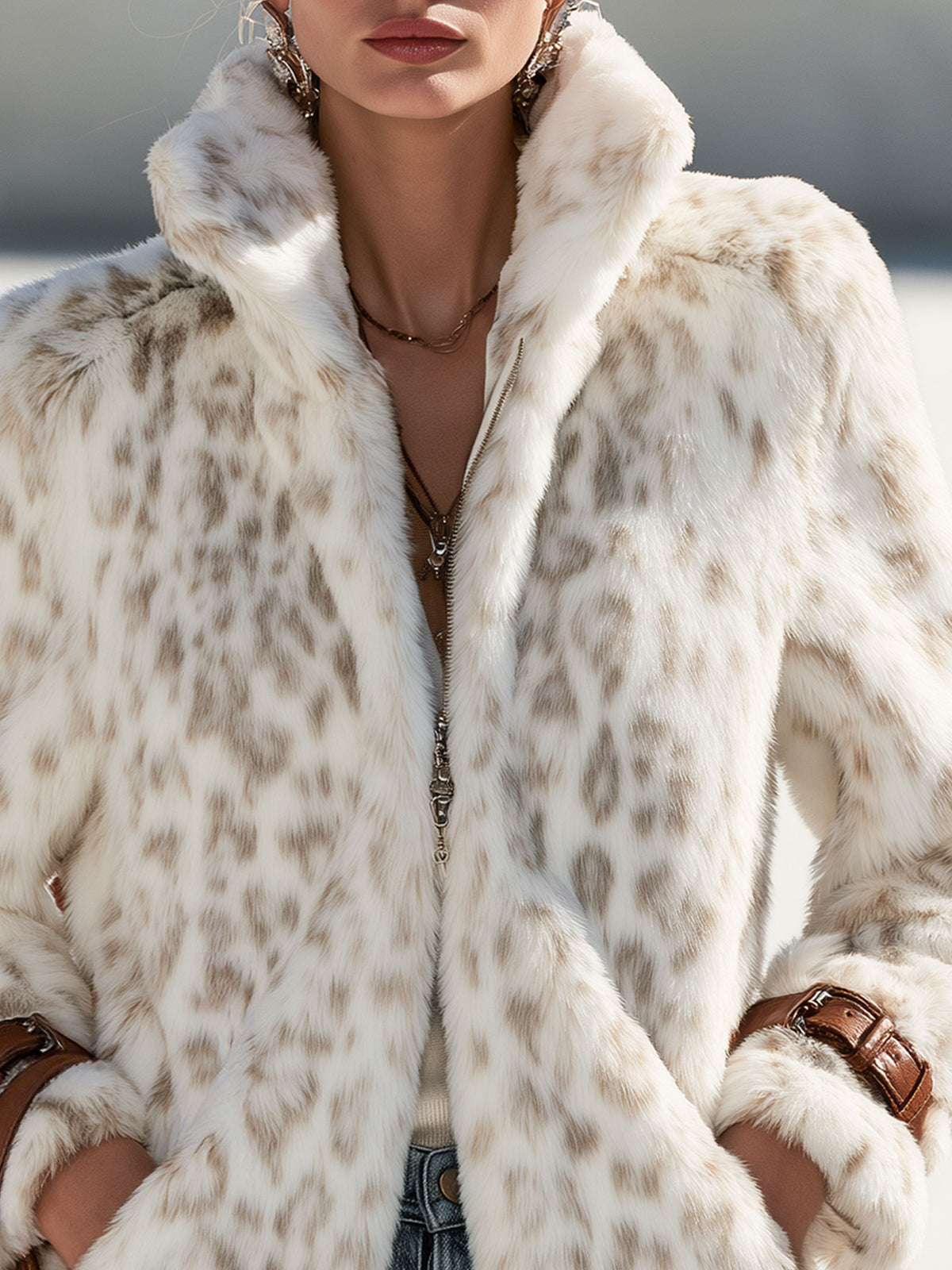 Fashionable Retro Leopard Print Off-white Faux Fur Short Coat With Zippered Sleeves