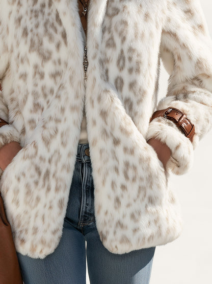 Fashionable Retro Leopard Print Off-white Faux Fur Short Coat With Zippered Sleeves