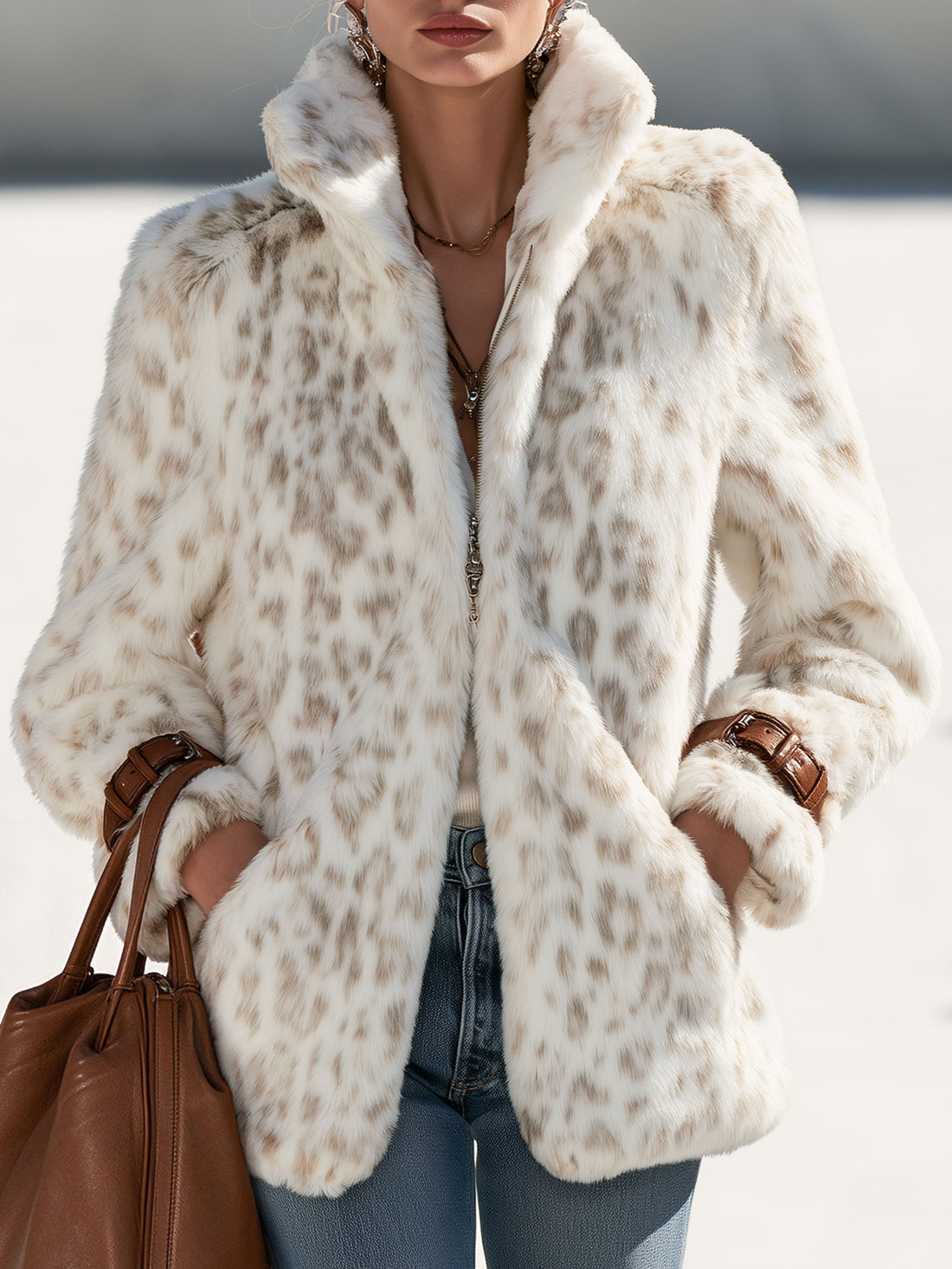 Fashionable Retro Leopard Print Off-white Faux Fur Short Coat With Zippered Sleeves