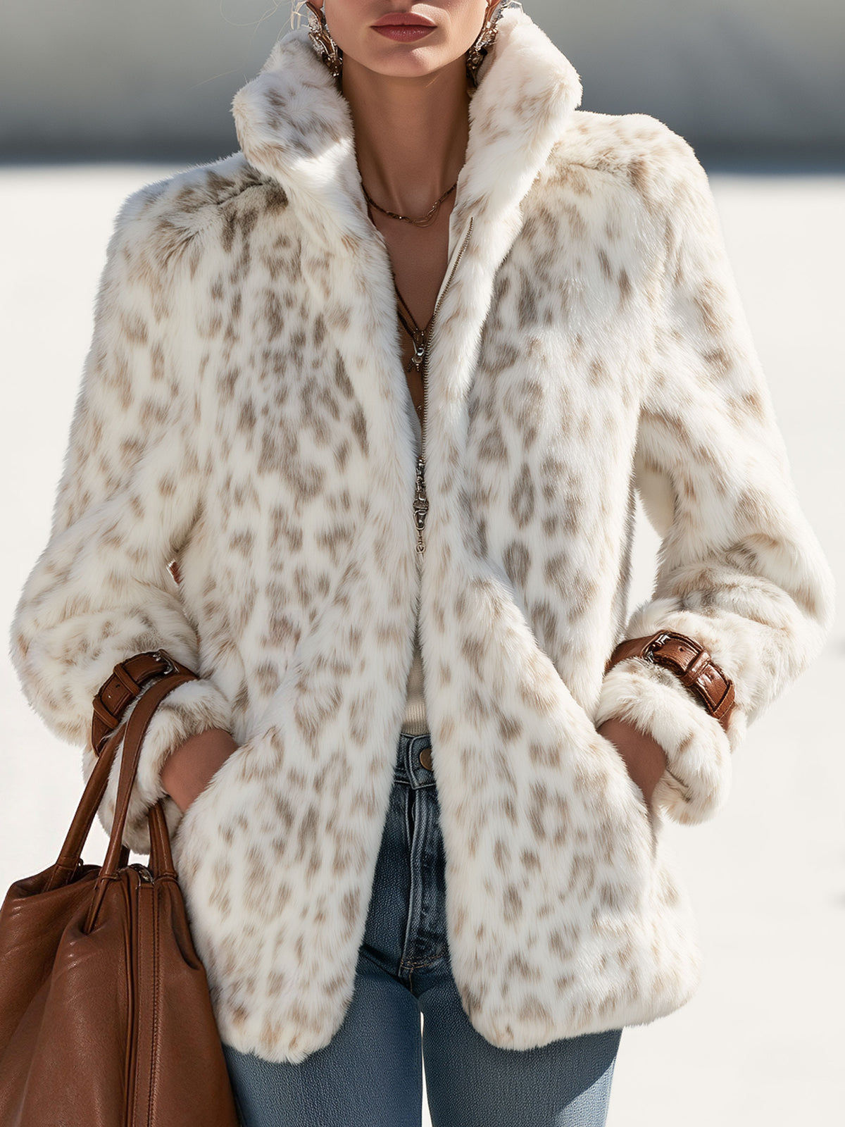 Fashionable Retro Leopard Print Off-white Faux Fur Short Coat With Zippered Sleeves
