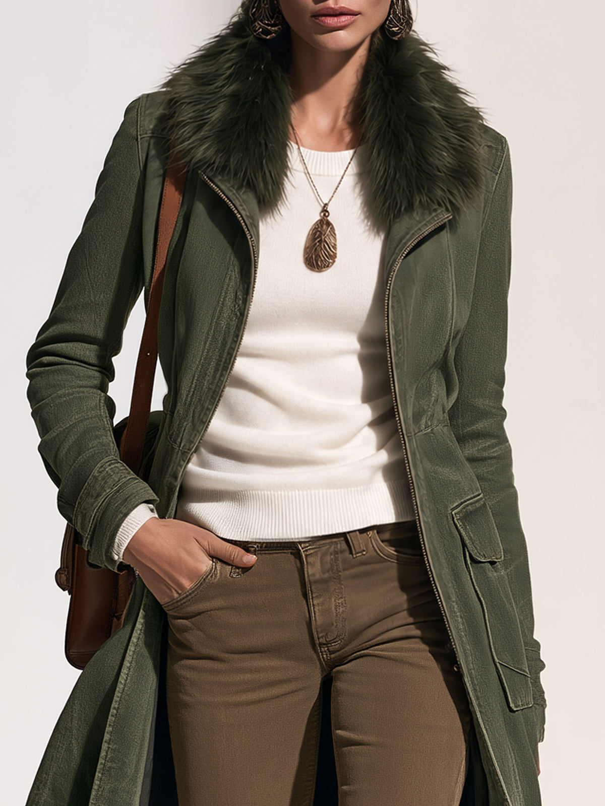 Casual Retro Faux Fur Collar Zipper Washed Gray-green Denim Long Coat