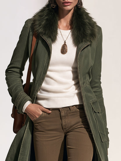 Casual Retro Faux Fur Collar Zipper Washed Gray-green Denim Long Coat