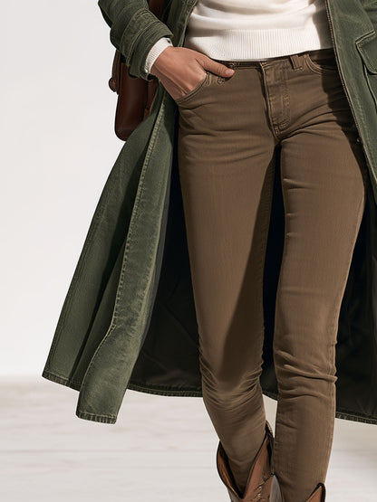Casual Retro Faux Fur Collar Zipper Washed Gray-green Denim Long Coat