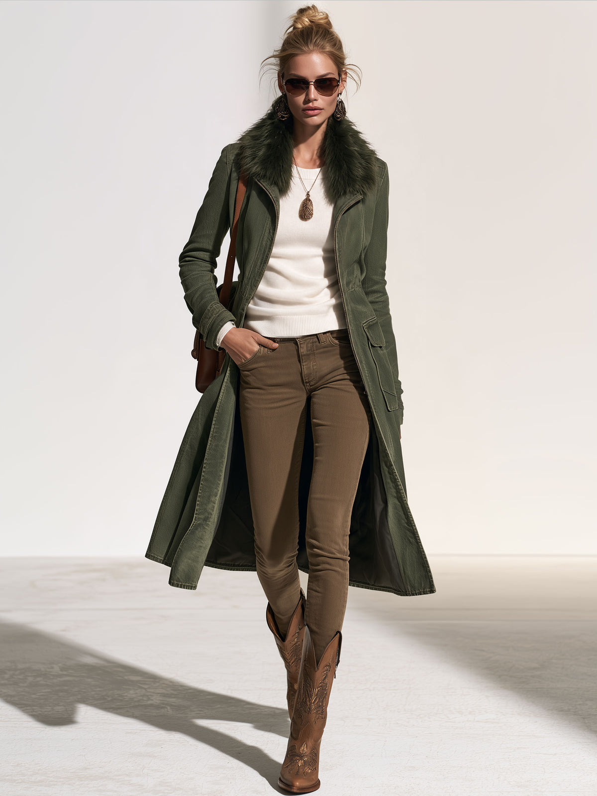 Casual Retro Faux Fur Collar Zipper Washed Gray-green Denim Long Coat