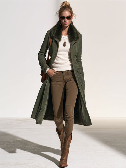 Casual Retro Faux Fur Collar Zipper Washed Gray-green Denim Long Coat