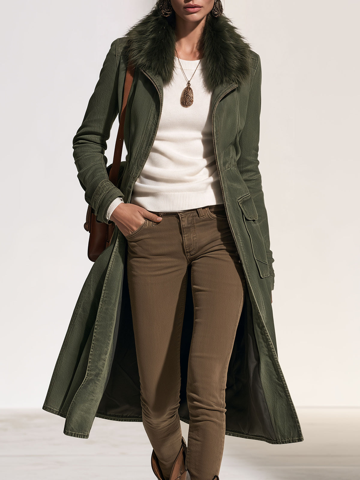 Casual Retro Faux Fur Collar Zipper Washed Gray-green Denim Long Coat