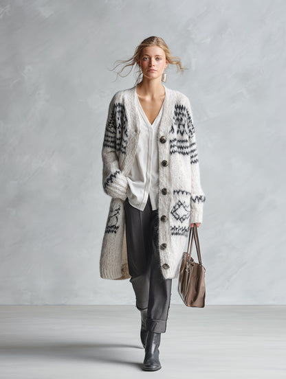 Stylish And Warm White Geometric-Pattern Knit Cardigan