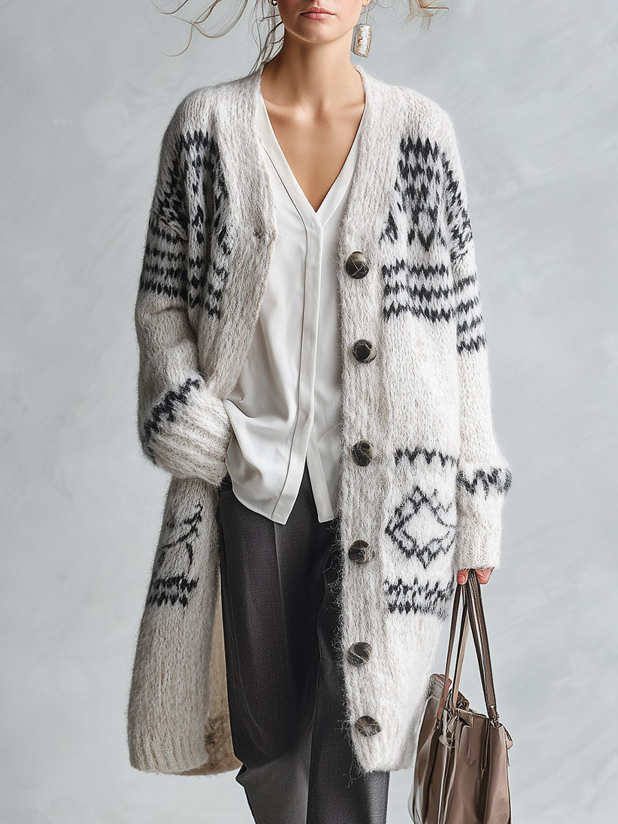 Stylish And Warm White Geometric-Pattern Knit Cardigan