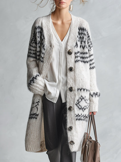 Stylish And Warm White Geometric-Pattern Knit Cardigan