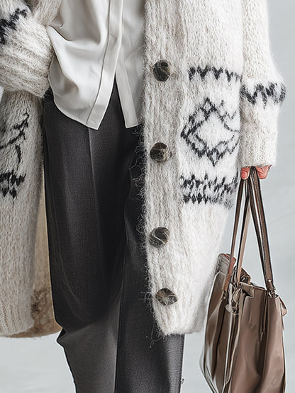Stylish And Warm White Geometric-Pattern Knit Cardigan
