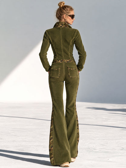 Fashionable And Casual Camouflage Zip-up Long-sleeved Flared Olive Green Fleece Jumpsuit