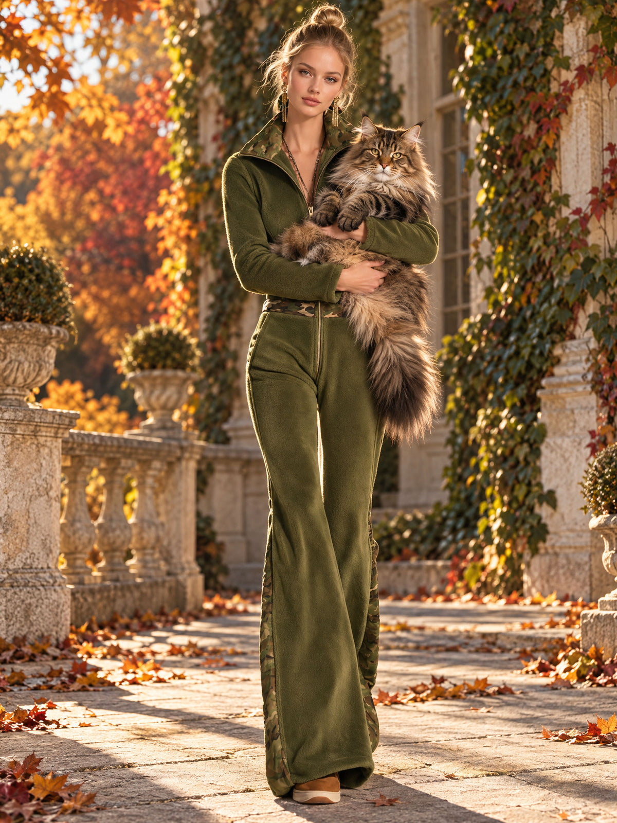 Fashionable And Casual Camouflage Zip-up Long-sleeved Flared Olive Green Fleece Jumpsuit