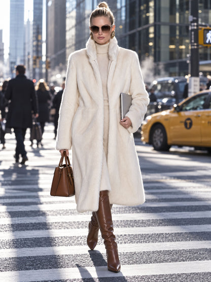 Stylish And Simple Zippered Off-white Faux Fur Mid-length Coat