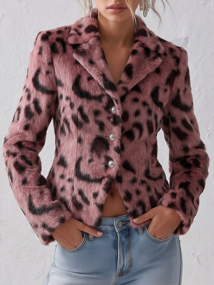 Stylish Pink Leopard-Print Faux Fur Collar Short Coat