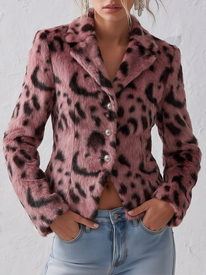 Stylish Pink Leopard-Print Faux Fur Collar Short Coat