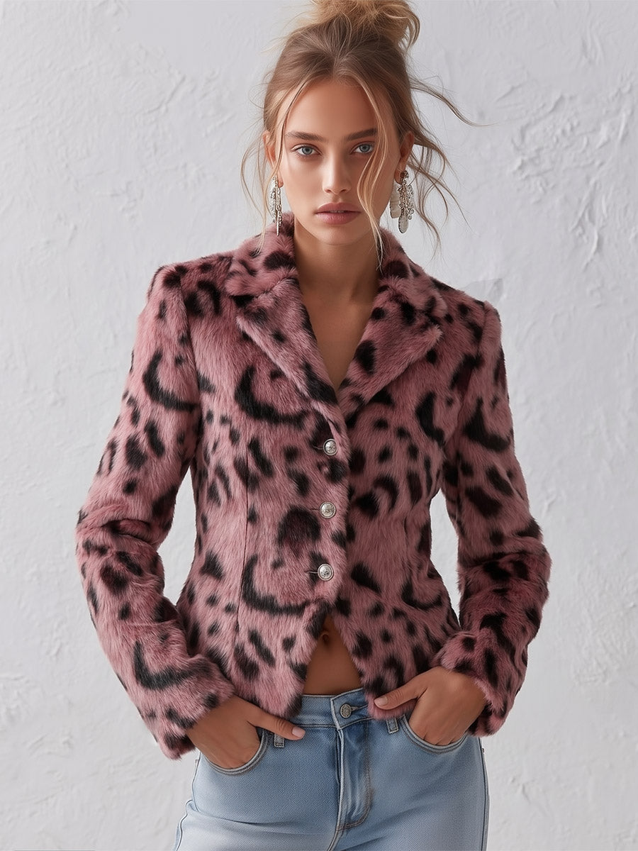 Stylish Pink Leopard-Print Faux Fur Collar Short Coat