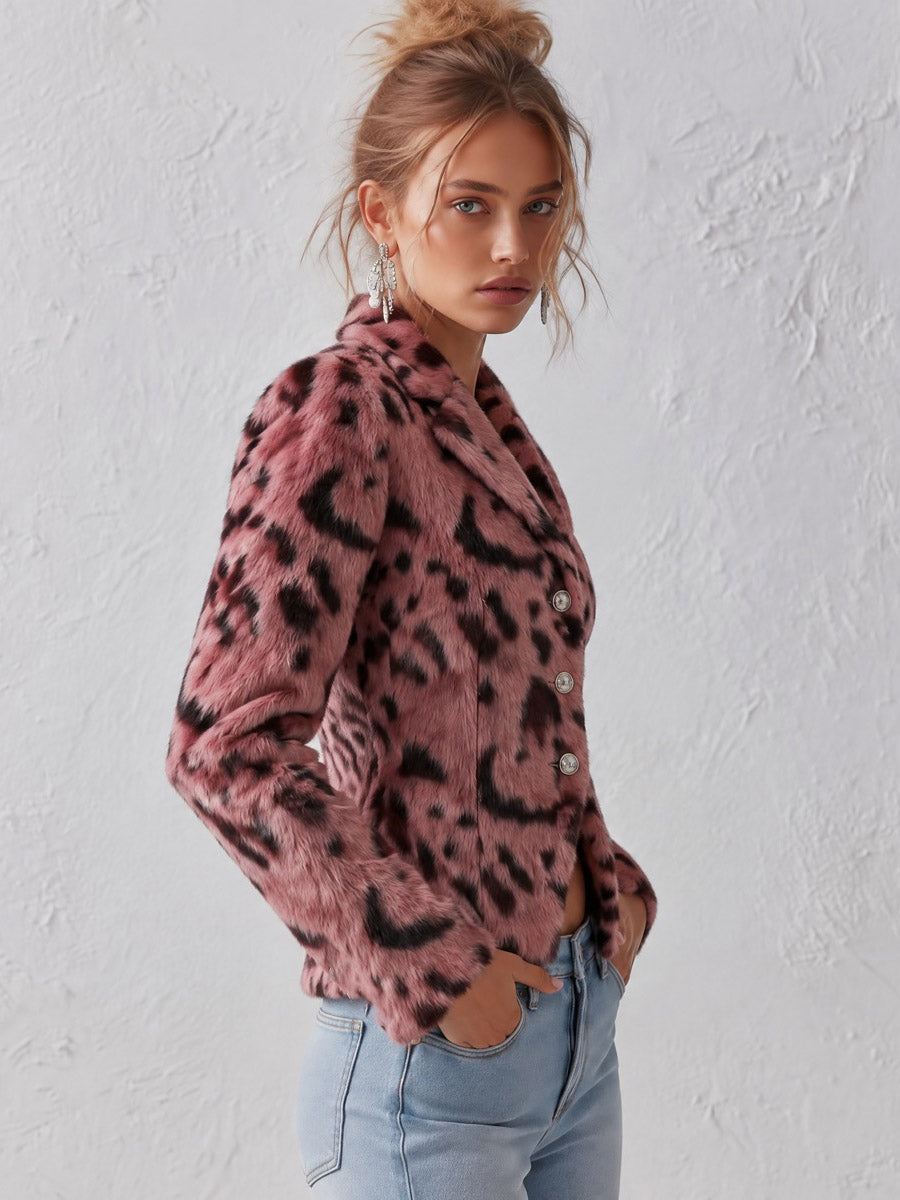 Stylish Pink Leopard-Print Faux Fur Collar Short Coat