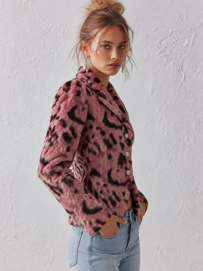 Stylish Pink Leopard-Print Faux Fur Collar Short Coat