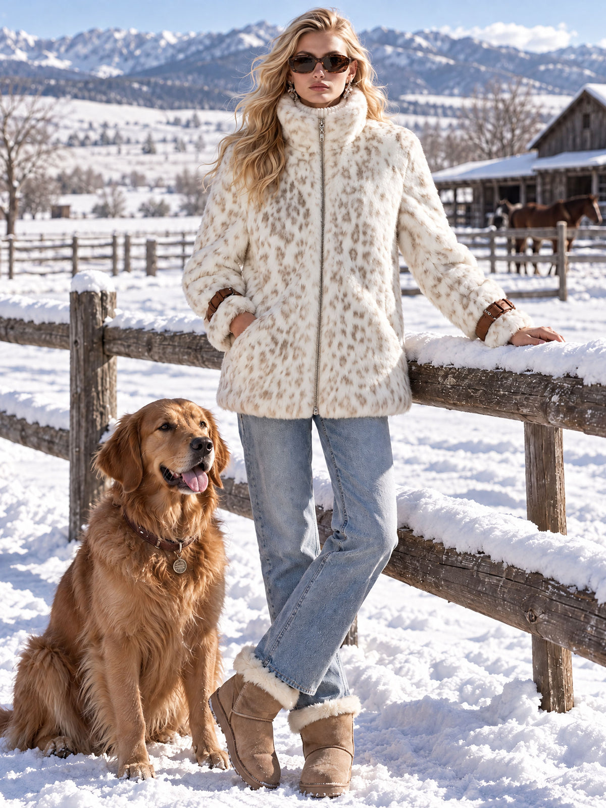 Fashionable Retro Leopard Print Off-white Faux Fur Short Coat With Zippered Sleeves