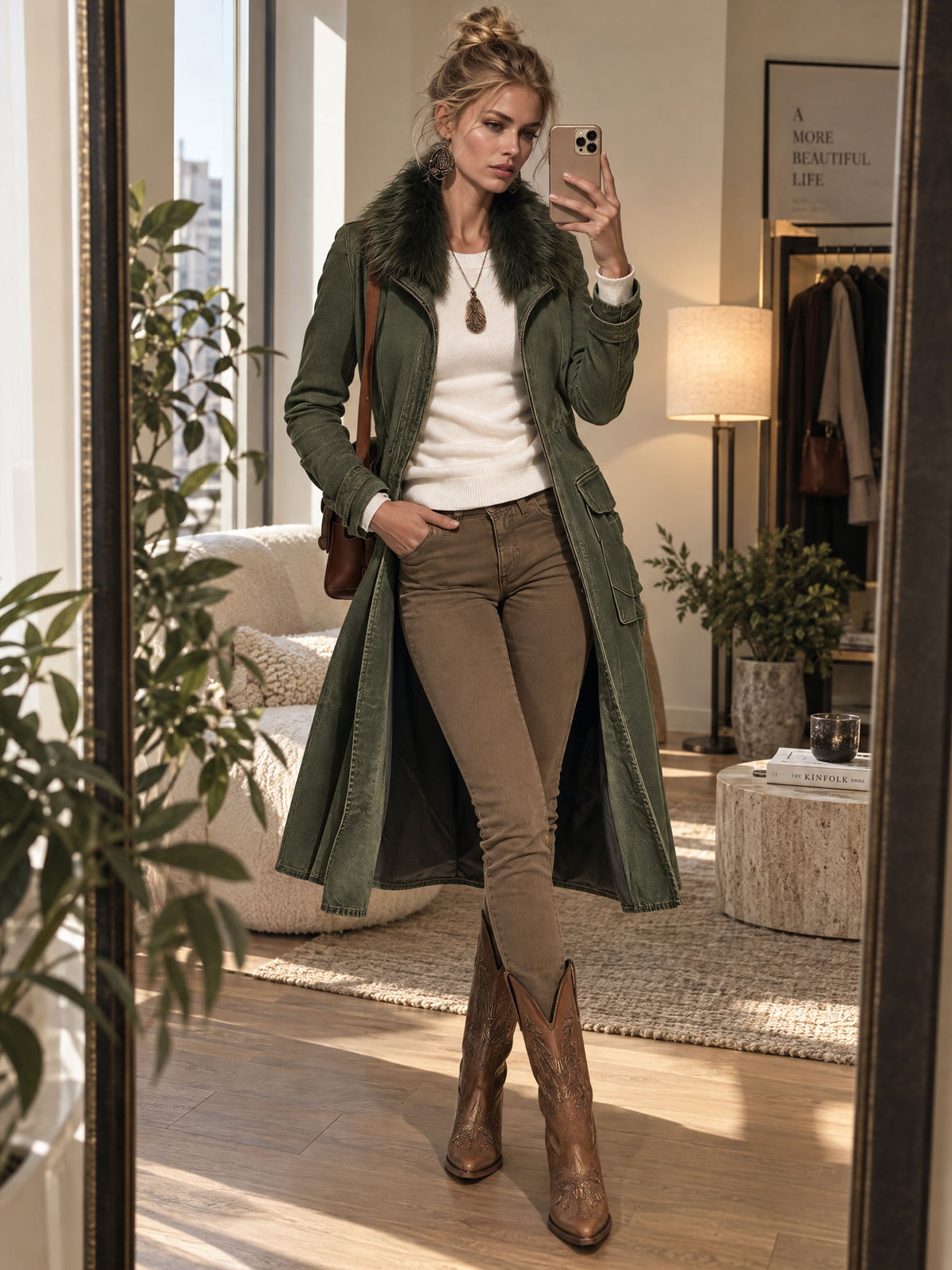 Casual Retro Faux Fur Collar Zipper Washed Gray-green Denim Long Coat