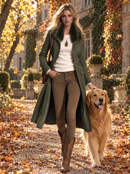 Casual Retro Faux Fur Collar Zipper Washed Gray-green Denim Long Coat
