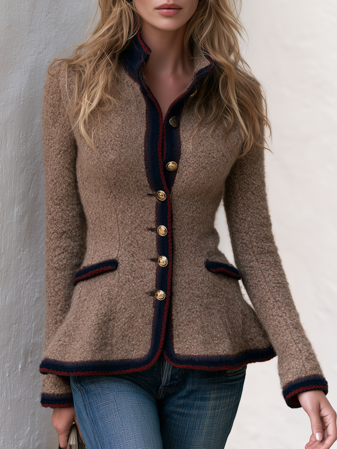 Retro Elegant Camel Bouclé Contrast-Trim Gold Button Stand Collar Jacket