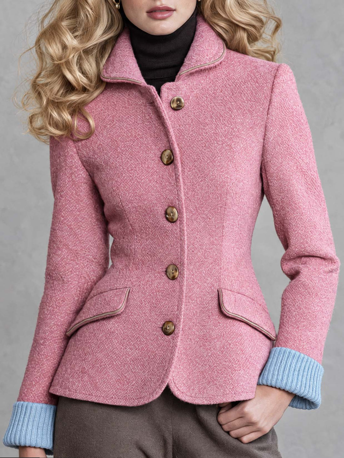 Vintage Pink Wool-Blend Herringbone Tweed Blazer Women Button Front Contrast Cuff Jacket