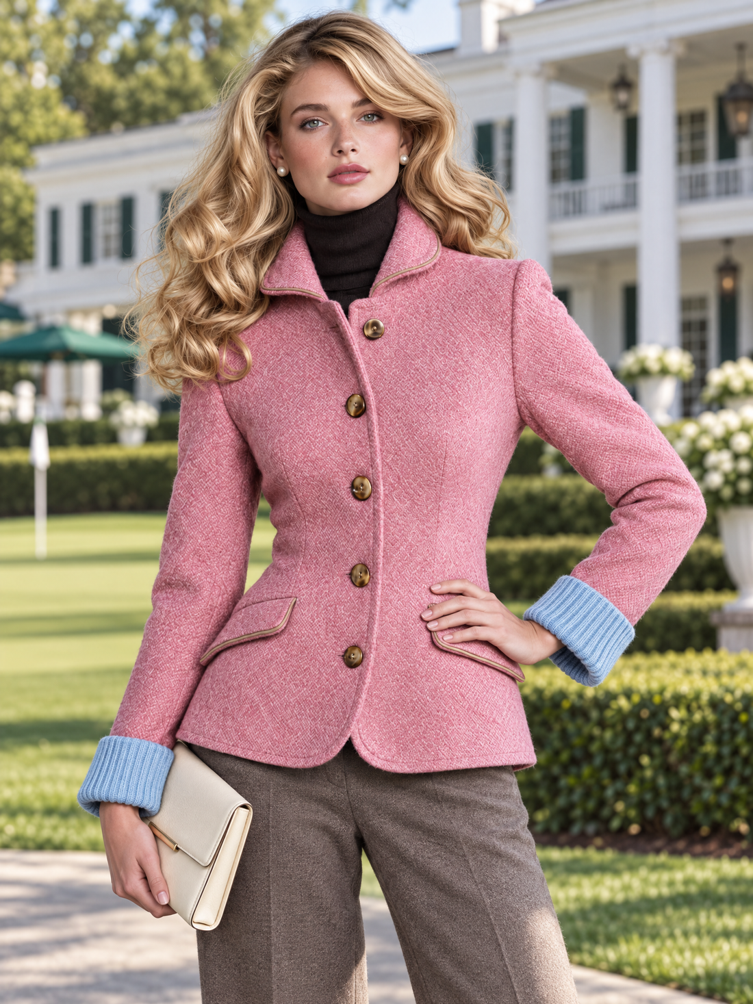 Vintage Pink Wool-Blend Herringbone Tweed Blazer Women Button Front Contrast Cuff Jacket