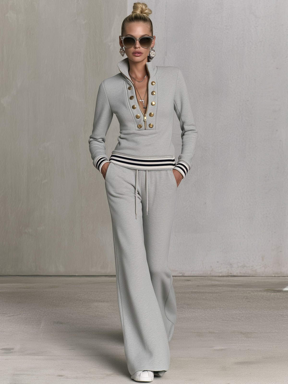 Fashionable Sporty Grey Half-zip Button Sweatshirt And Wide-leg Pants Set