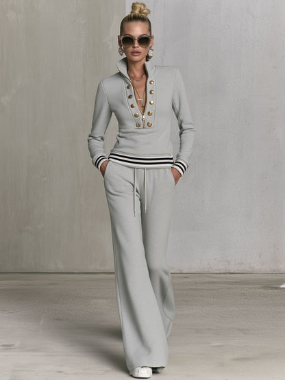 Fashionable Sporty Grey Half-zip Button Sweatshirt And Wide-leg Pants Set