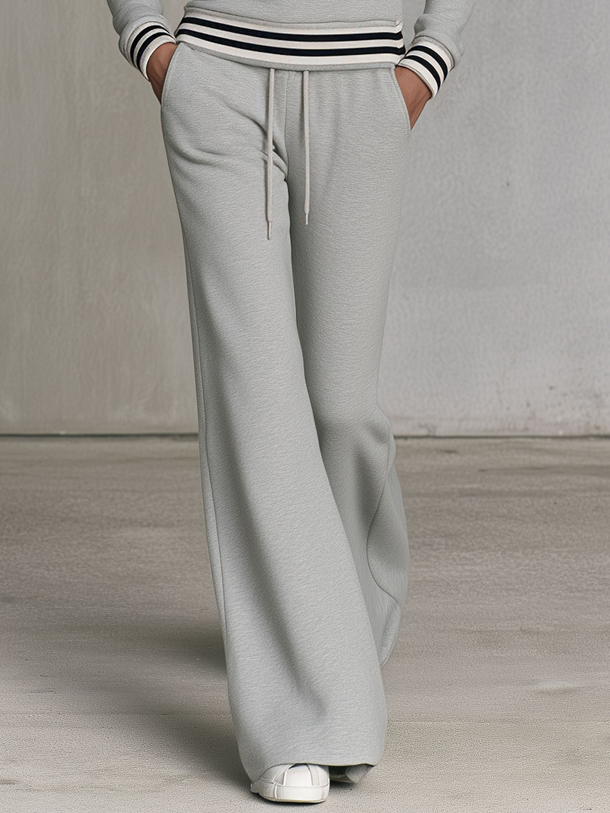 Fashionable Sporty Grey Half-zip Button Sweatshirt And Wide-leg Pants Set