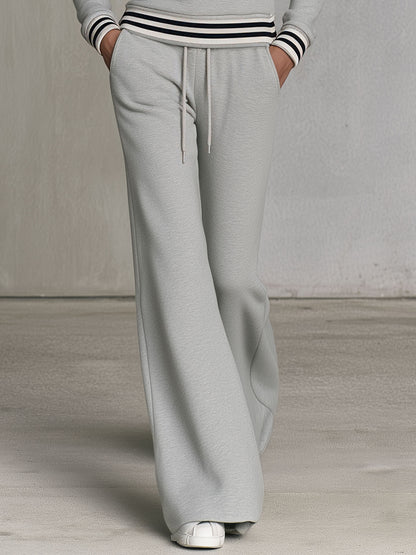 Fashionable Sporty Grey Half-zip Button Sweatshirt And Wide-leg Pants Set
