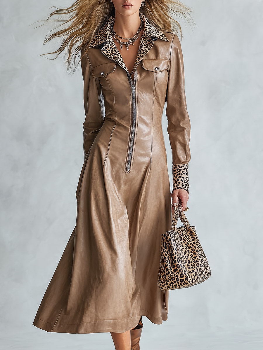 Elegant Leopard-print Trim Lapel Khaki PU Midi Dress