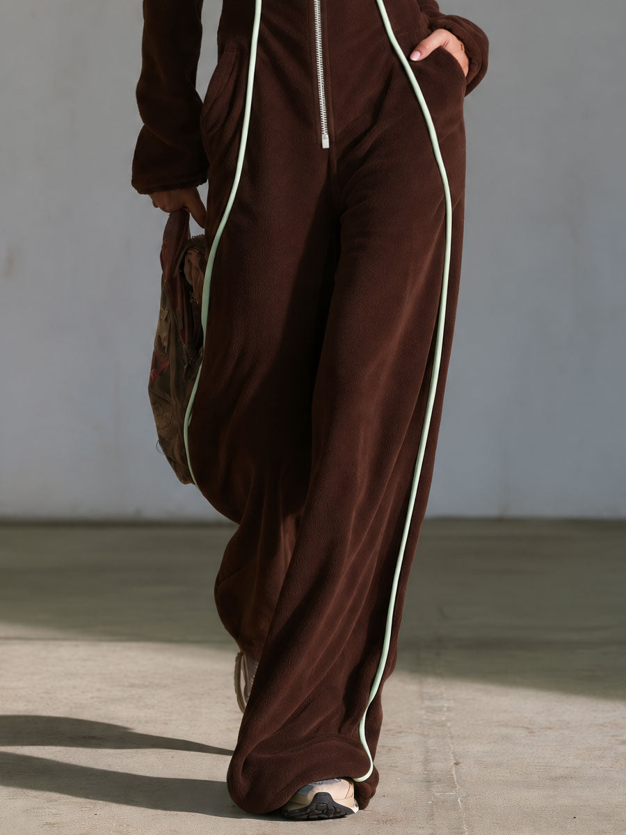 Retro Casual Brown Fleece Leopard-Lined Hooded Zip-Up Contrast-Piping Wide-Leg Jumpsuit
