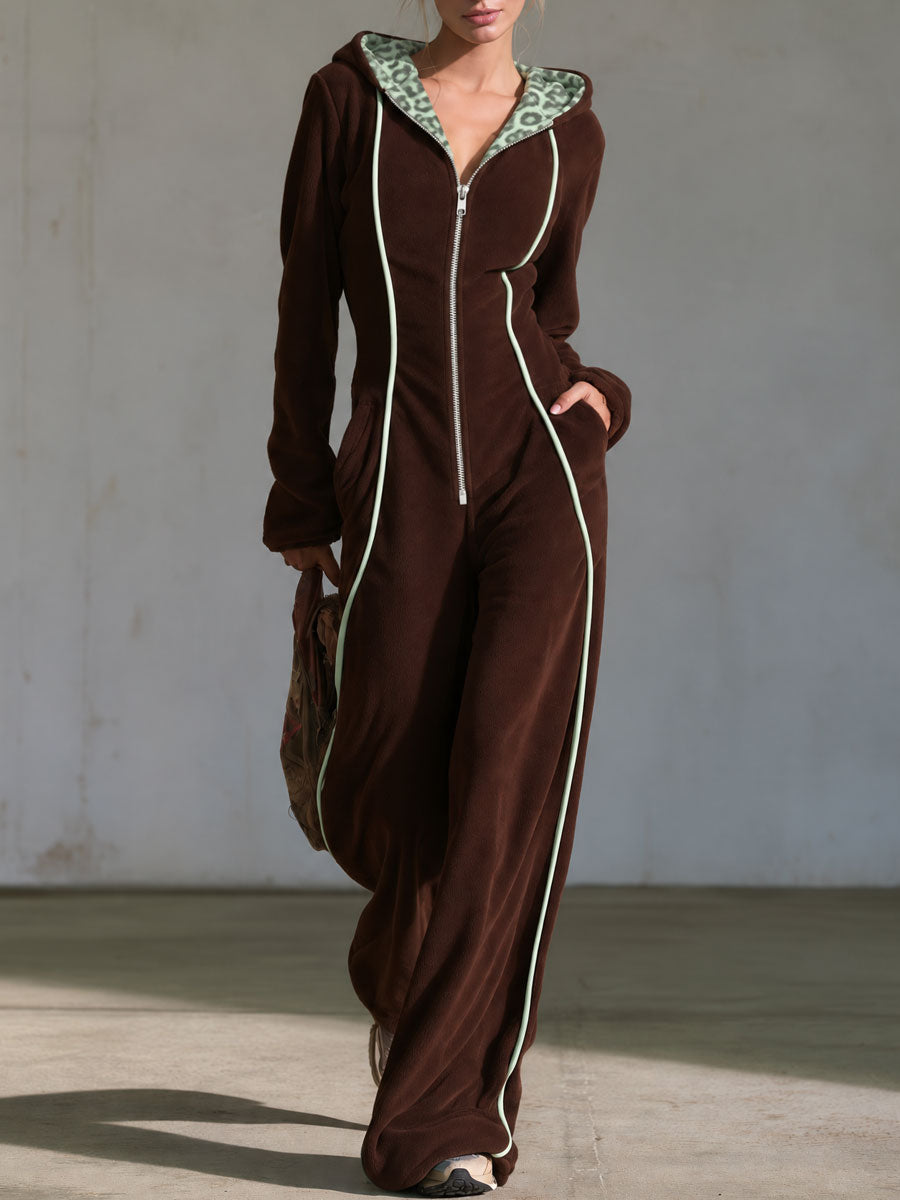 Retro Casual Brown Fleece Leopard-Lined Hooded Zip-Up Contrast-Piping Wide-Leg Jumpsuit