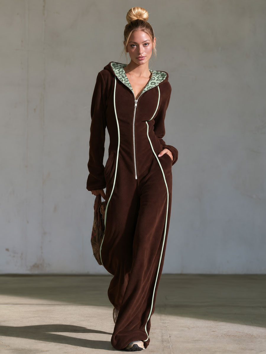 Retro Casual Brown Fleece Leopard-Lined Hooded Zip-Up Contrast-Piping Wide-Leg Jumpsuit