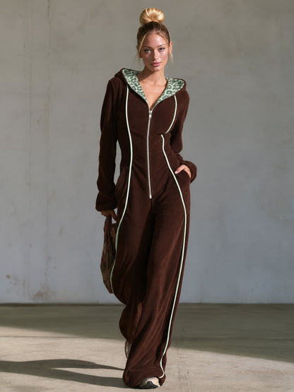 Retro Casual Brown Fleece Leopard-Lined Hooded Zip-Up Contrast-Piping Wide-Leg Jumpsuit