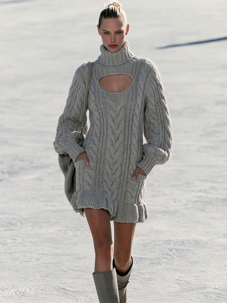 Retro Chic Gray Turtleneck Openwork Cable Knit Ruffle Mini Dress