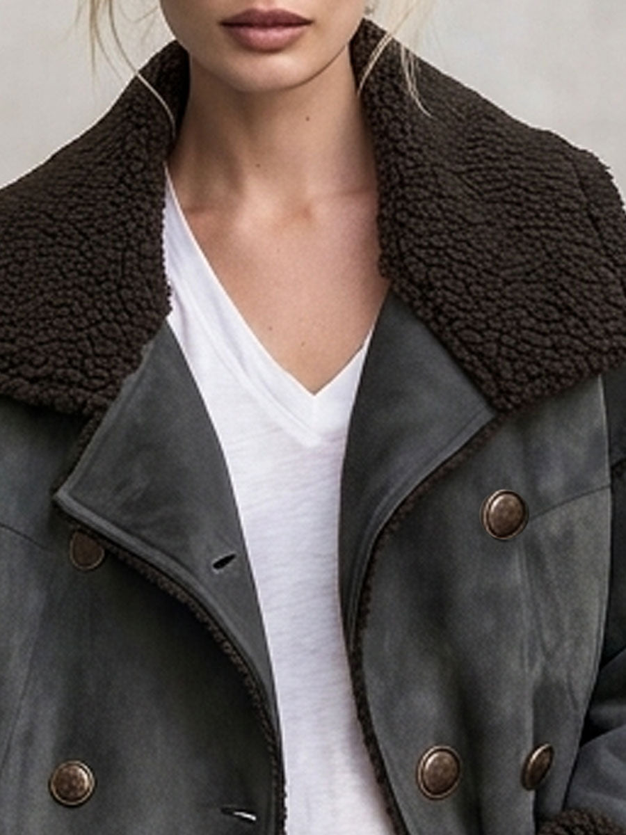 Retro Casual Gray Faux Suede And Faux Wool Collar Double-breasted Jacket