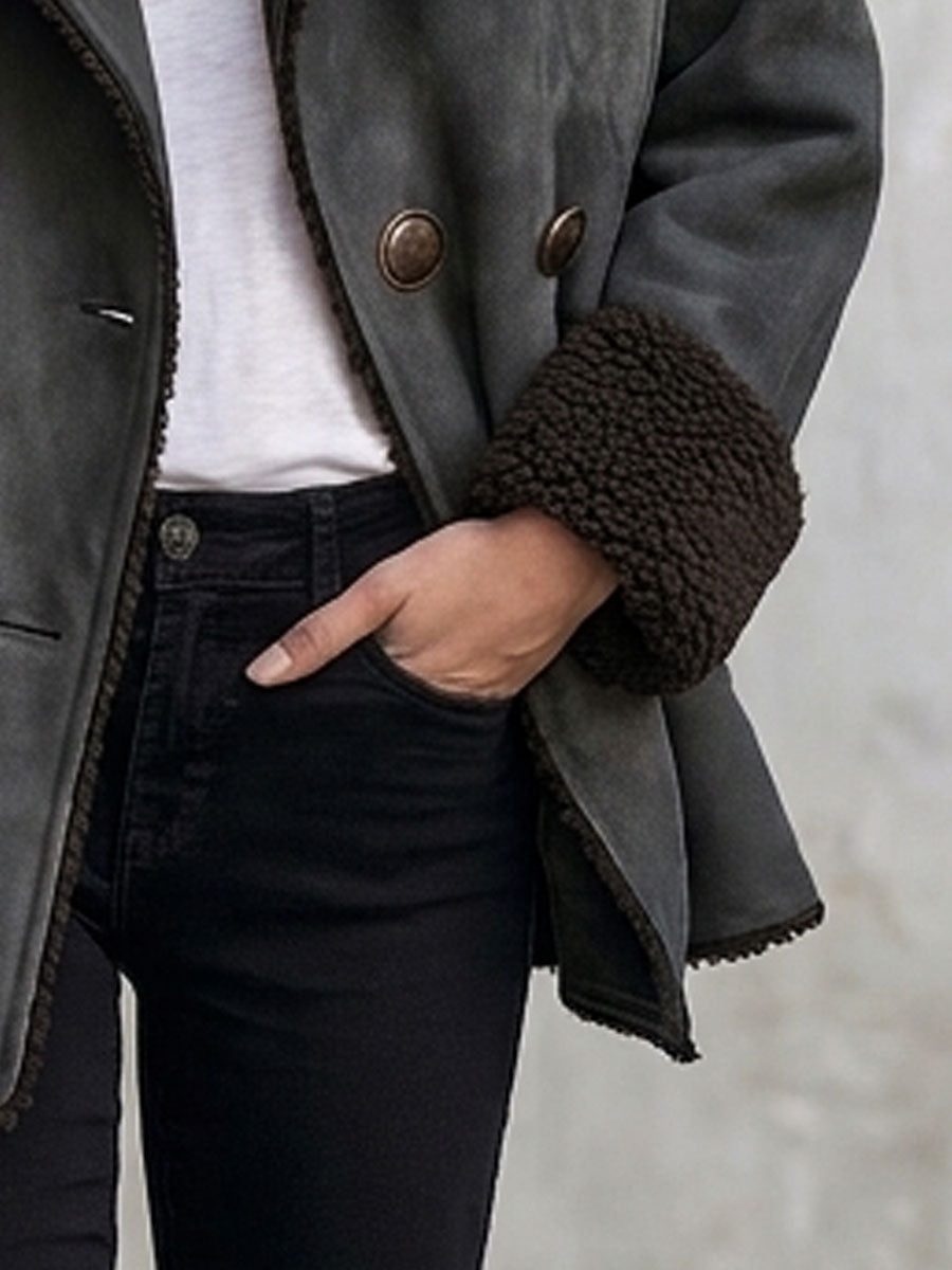 Retro Casual Gray Faux Suede And Faux Wool Collar Double-breasted Jacket
