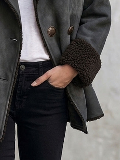 Retro Casual Gray Faux Suede And Faux Wool Collar Double-breasted Jacket