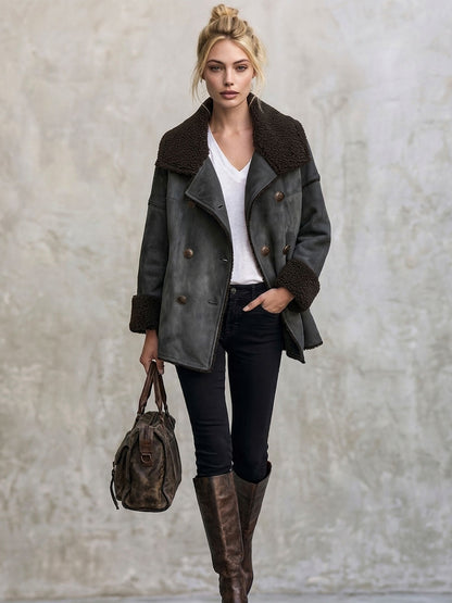 Retro Casual Gray Faux Suede And Faux Wool Collar Double-breasted Jacket