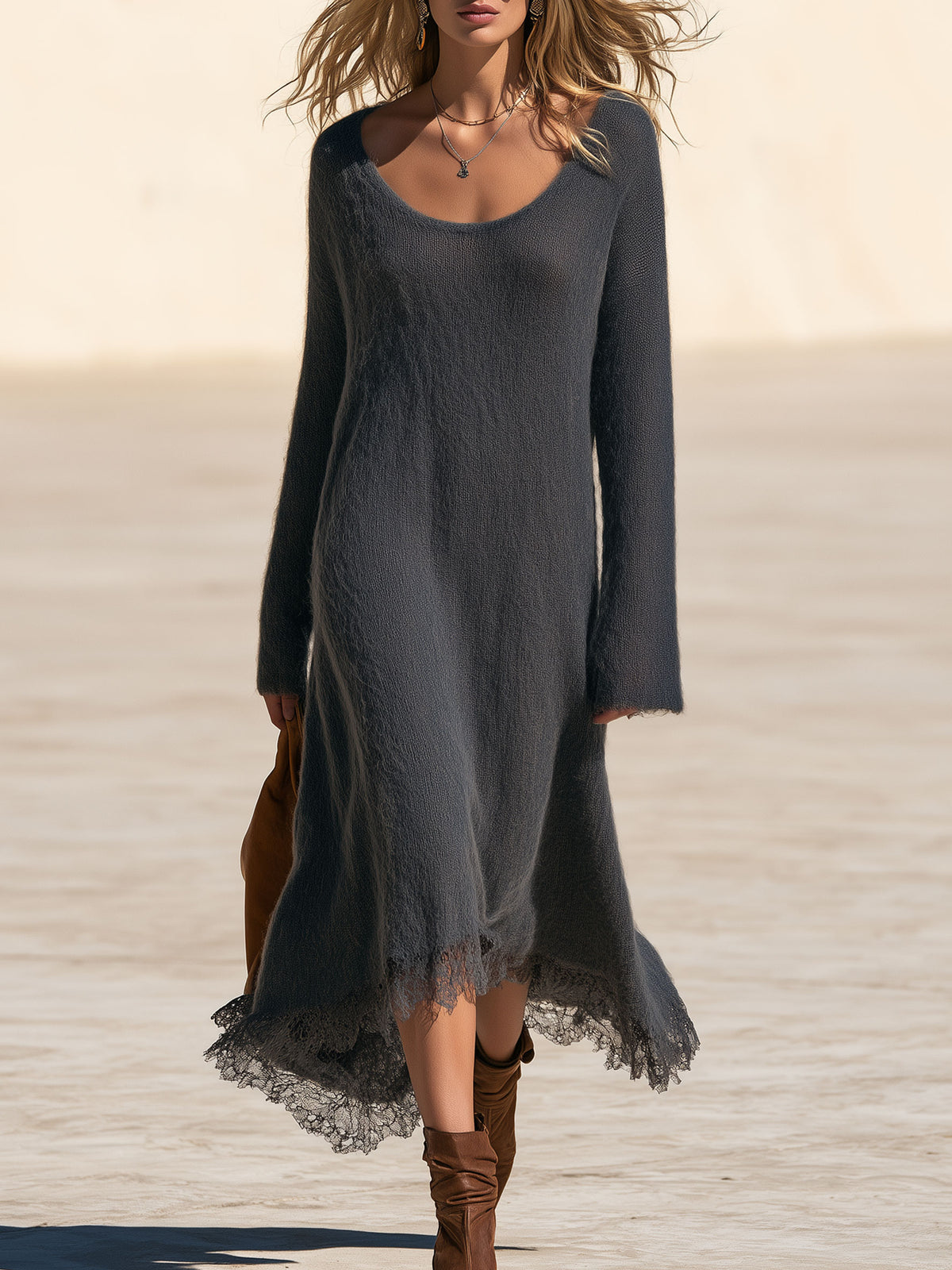 Stylish Round Neck Dark Gray Knit Long-sleeved Lace Midi Dress