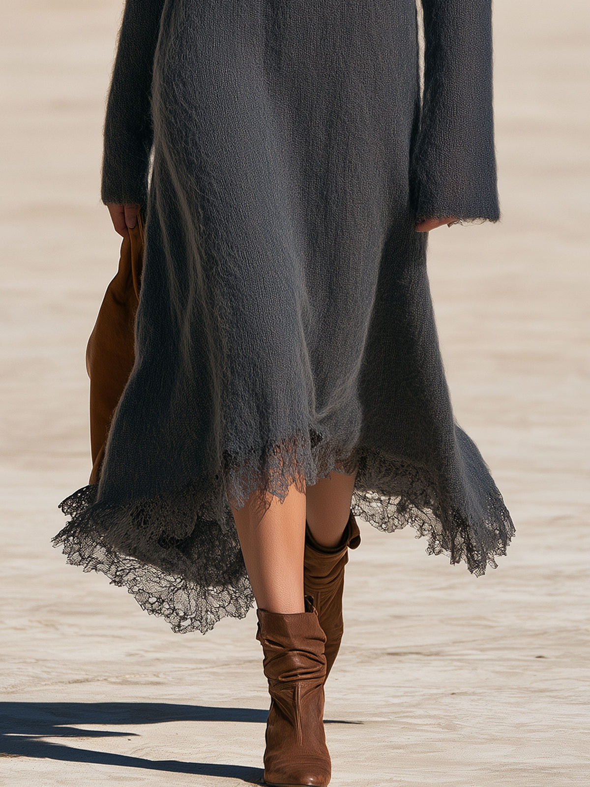 Stylish Round Neck Dark Gray Knit Long-sleeved Lace Midi Dress