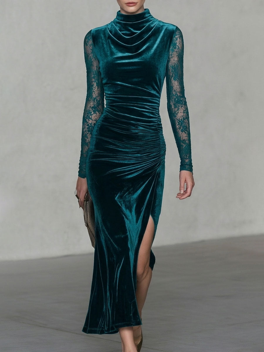 Retro-chic Blue-green Velvet Lace Sleeve Drop Neck Slit Midi Dress