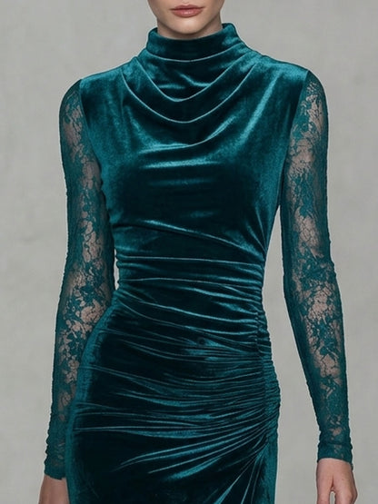 Retro-chic Blue-green Velvet Lace Sleeve Drop Neck Slit Midi Dress