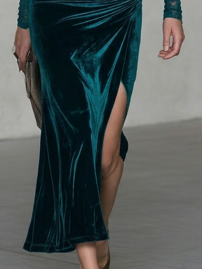 Retro-chic Blue-green Velvet Lace Sleeve Drop Neck Slit Midi Dress